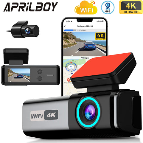 Aprilboy 4K WIFI Dash Cam 2160P Car DVR Support front & rear lens Auto Car Camera with Night Vision G-Sensor 24H Parking Monitor