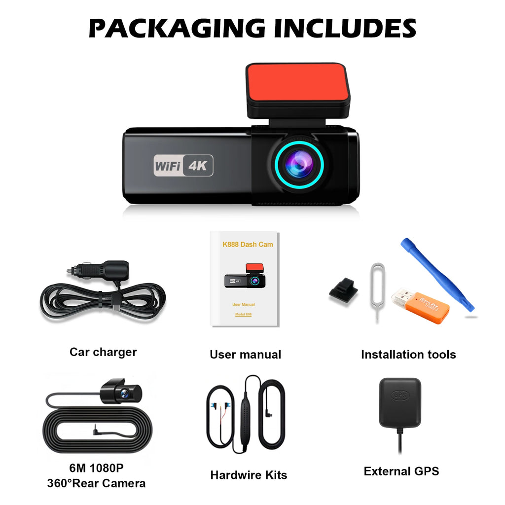 Aprilboy 4K WIFI Dash Cam 2160P Car DVR Support front & rear lens Auto Car Camera with Night Vision G-Sensor 24H Parking Monitor